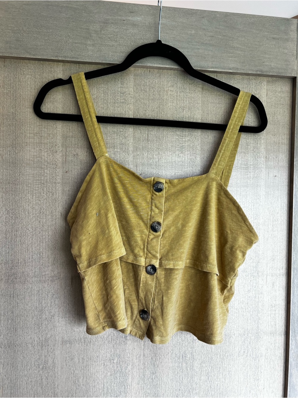 Cropped Womens Button-Front Ruffle Cami Top - mustard